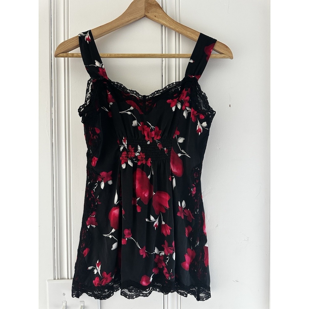 White House Black Market Floral Lace Trim Camisole XS Black‎ Red Tank Top